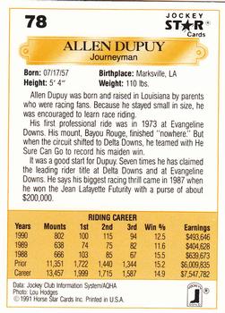 1991 Jockey Star Jockeys #78 Allen Dupuy Back